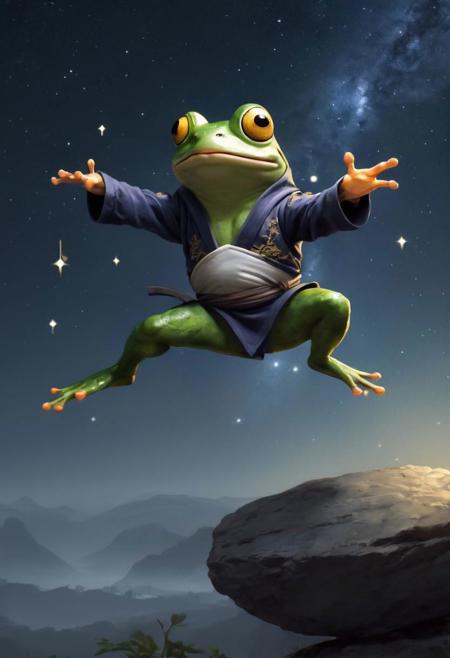 frog the ninja doing Kung Fu, while catching the stars