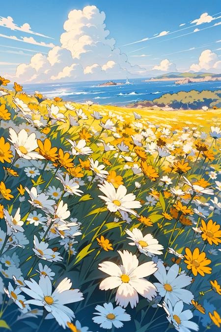 no humans, outdoors, flower, scenery, field, sky, white flower, day, horizon, ocean, flower field, yellow flower, blue sky, daisy, landscape, cloud, water, (illustration:1.0), masterpiece, best quality, <lora:Flower field_20230729165144:0.6>