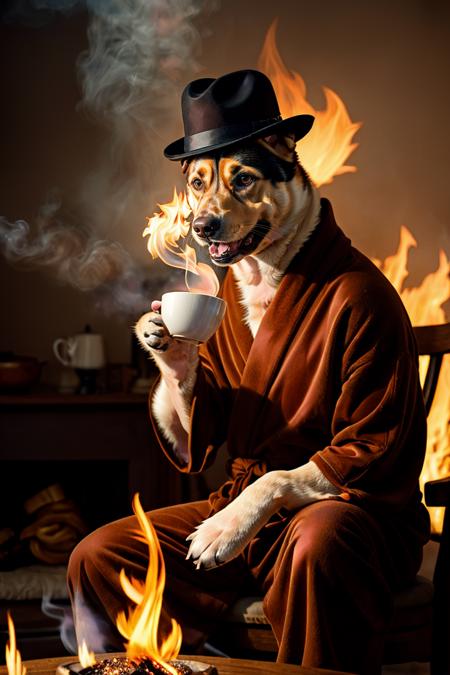 photo RAW,((anthropomorphic dog:1.5) holding a coffee cup, sitting, in a robe, eating breakfast and holding a coffee cup, hat, particles, volumetric lighting, room burn down, ground and chair on fire, lots of gadgets and equipment on fire, smoke, (flames all around:1.2)), masterpiece, award winning photography, natural light, perfect composition, high detail, hyper realistic