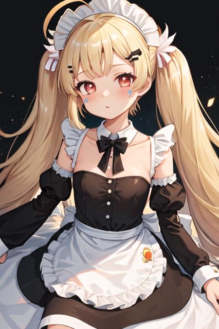 best quality, masterpiece, highres, solo, {maid:1.40}, {long maid dress:1.15}, {eldridge_azurlane:1.15}, blonde_hair, hair_ornament, ahoge, long_hair, bangs, blush, twintails, facial_mark, red_eyes, very_long_hair, hairclip, breasts, small_breasts