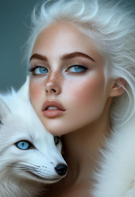 The image is a hyper-realistic digital artwork created in a photorealistic style, focusing on a close-up portrait of a young woman with striking, ethereal features. She has pale, almost translucent skin with a subtle, delicate scattering of freckles across her cheeks and nose. Her piercing, almond-shaped eyes are a striking light blue, almost glowing in the soft, ethereal lighting. Her hair is platinum blonde and wild, cascading over her face and shoulders, blending into the white fur of a large, mystical-looking white fox that wraps around her face and neck.rockabilly style, realistic, 1girl, looking at viewer, wolf, slit pupils, animal, close-up, solo, white hair, portrait, 1950's