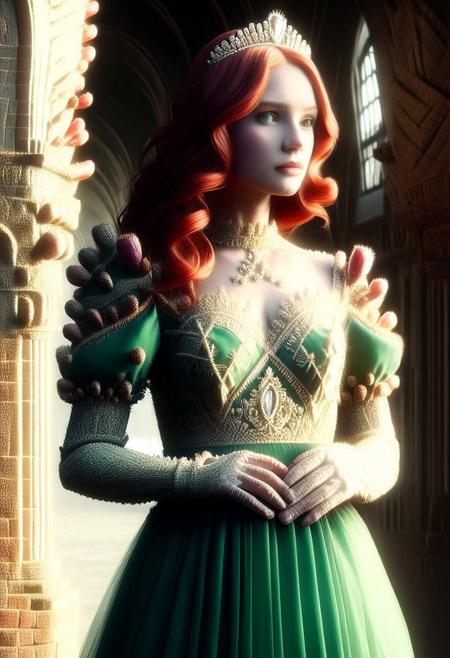 Prickly Pear Style,  (masterpiece), (illustration), (castle), (pale skin), (grace lady), jewelry-tiara, //ruby_deep-orange hair, long_wavy hair//, //shiny-green eyes//, nose, (shiny lip), closed mouth, //gray long lace dress//, //white garter, elbow gloves, royal_cape//, looking at viewer, standing, close-up, <lora:conceptSceneryScene_v10:0.7>, add-detail-xl, <lora:add_detail:1>, censored, puffy sleeves, closed dress, beautiful high-neck top, fully dressed,