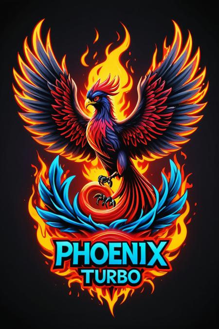 (phoenix turbo text logo), neon red, smoke, fire, flames, dripping, blood, red and blue colors