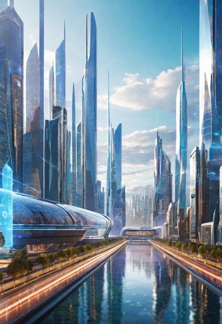 Create a 3D-rendered banner depicting a futuristic tech cityscape. The scene should feature holographic code streams and floating digital interfaces around a modern city skyline, symbolizing the advanced software training offered by the institute