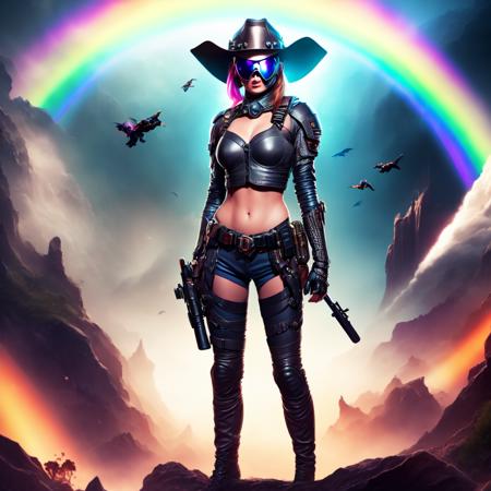 an attractive woman [gunslinger:bounty hunter:0.4] standing in a scifi wilderness (rainbowfusion style:1) <lora:djzRainbowFusion_LB2:0.8>