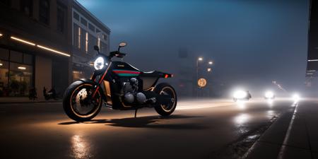 Sci-fi motorcycles,black and brass science fiction hovering industrial motorcycle in crowded downtown streets, science fiction, cinematic lighting, night time, volumetric light, imax, dslr, highly detailed, volumetric fog, dystopian vibes, dutch angle, cinematic angle <lora:Sci-fi motorcycles:0.8>