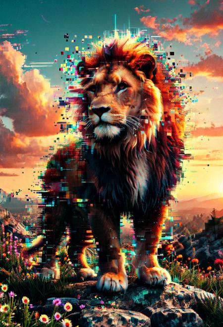Glitch, a majestic lion with a mane transforming into a cascade of pixels, standing proudly on a rocky outcrop as the sunset sky behind it glitches with vibrant colors and digital distortions. The foreground features glitching wildflowers and pebbles, adding to the surreal wildlife scene. High detail, award-winning masterpiece, dramatic lighting.