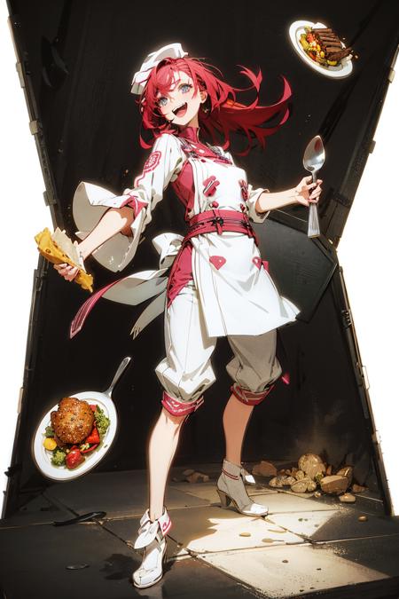 masterpiece,best quality,official art,extremely detailed CG unity 8k wallpaper,((white background)),solo
1girl,vividred operation,laughing,full body,chef uniform,chef hat,holding spoon,big spoon,food, delicious food,