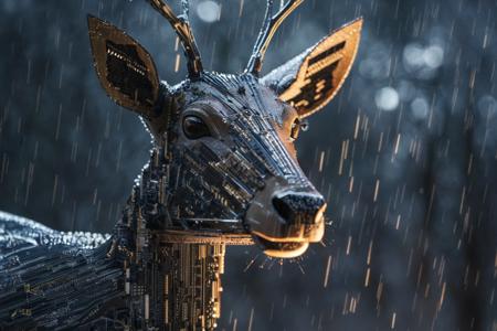 (cinematic:0.8) ultra realistic close-up portrait of a 3l3ctronics roe deer made out of pcb and printed circuit board traces and gpus and cpus walking through the forest, during lighting and heavy rain, national geographic, (cinematic:0.8) ultra realistic close-up portrait of a 3l3ctronics blackbird made out of pcb and printed circuit board traces and gpus and cpus walking through the forest, dark and gritty night, national geographic