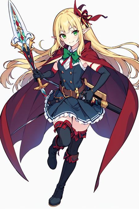 <lora:ReDive:0.8>1girl, solo, pointy ears, long hair, weapon, gloves, boots, blonde hair, elbow gloves, ribbon, green eyes, smile, hair ribbon, bow (weapon), white background, skirt, elf, looking at viewer, thighhighs, simple background, full body, thigh boots, cape, belt, sleeveless, red ribbon, very long hair, sword, quiver, black gloves,