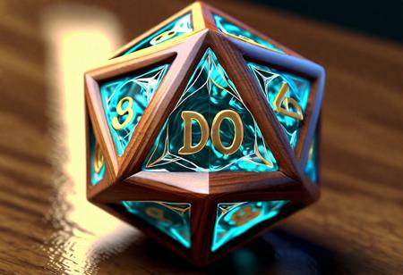 Hyperrealistic Intricately detailed nature themed ad&d D20 die icosahedron, the thick seams of the die are made out of walnut, the inside of the die sides is glass with realistic numbers brass inlays, god rays, volumetric, rim lighting, macro photography, rich shadows, 8K UHD, HDR, realistic refractions, realistic reflections, ambient occlusion