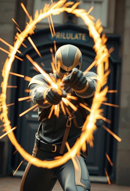 british superhero in a grey and tan bodysuit shooting rings of concussive force towards the camera