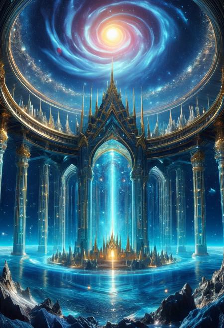 CosmicStyle
A glowing celestial temple floating above a swirling cosmic ocean under a fragmented polychrome moon, inhabited by translucent electrum nymphs performing an ancient ritual, divine beams of light pulsing through their bodies, vivid starlight refracted in pools of liquified gravity, ultra-detailed, cosmic-style, 3D-rendering, dreamlike, Unreal Engine, absurdres