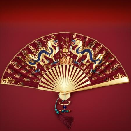 Ultra quality, ultra detailed textures, chinese_fans, beautiful Chinese imperial fan, intricately crafted with gold and vibrant silk, displayed in a regal, deep red background. The fan adorned with elaborated Dao master. Soft, focused lighting,  highlights the fan's exquisite details, and rich colors. The composition is centered, with the fan slightly open, to reveal its full splendor. The setting is a luxurious, minimalist display case, emphasizing the fan's imperial elegance and historical significance. <lora:Chinese_Fans_r1:1> chinese_fans