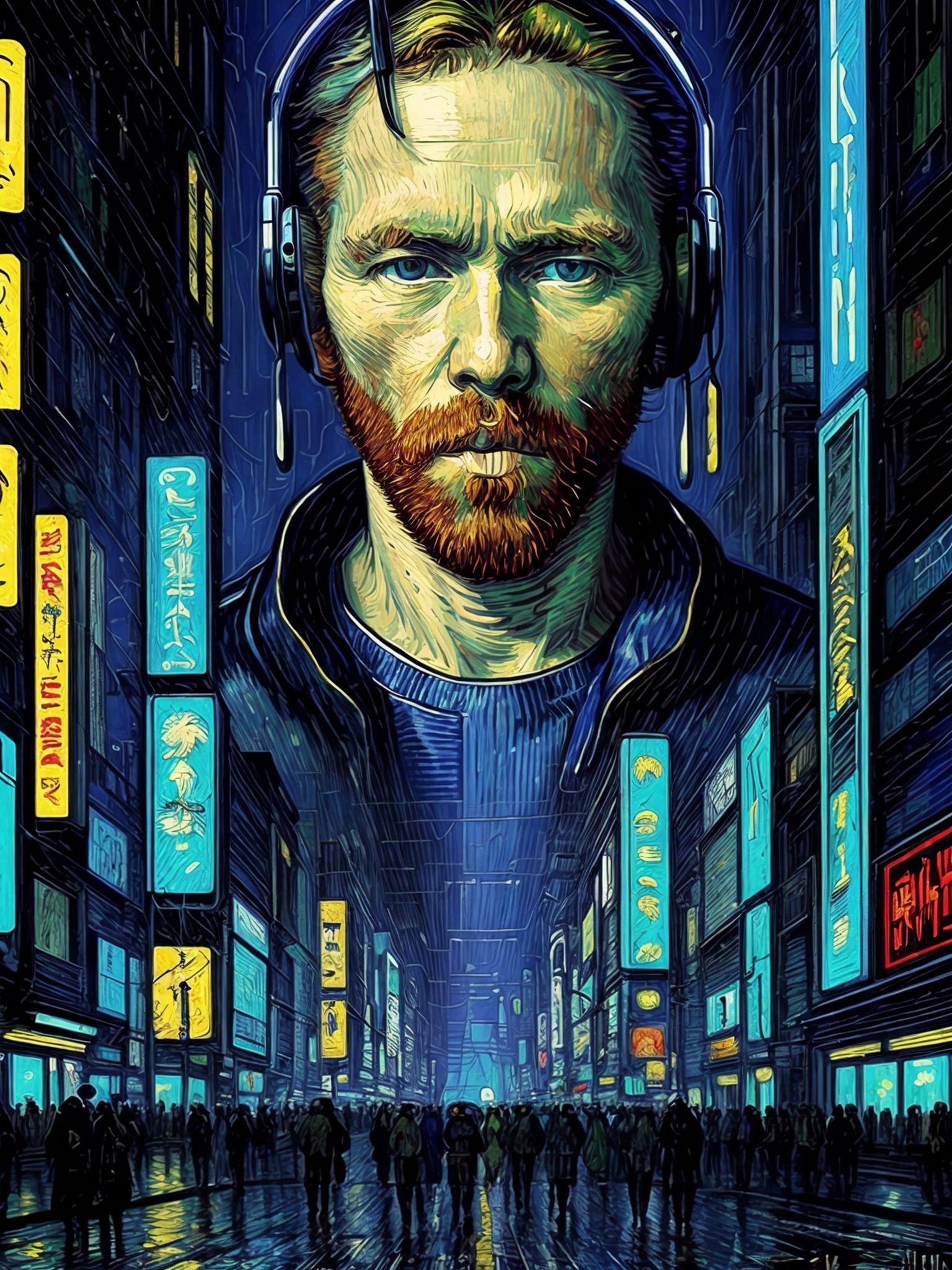 (illustration:1.15), Vincent van Gogh in (cyberpunk:1.3) style, self - portrait
<lora:add_detail:1>, [cory loftis, strobis...
