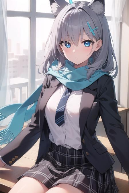 bluearchiveshiroko, <lyco:shiroko-lyco-nochekaiser:1>, 
shiroko, animal ears, blue eyes, grey hair, hair ornament, hairpin, halo, medium hair, wolf ears,
BREAK checkered clothes, checkered skirt, school uniform, skirt, scarf,
BREAK looking at viewer, 
BREAK indoors, classroom,
BREAK <lyco:GoodHands-beta2:1>, (masterpiece:1.2), best quality, high resolution, unity 8k wallpaper, (illustration:0.8), (beautiful detailed eyes:1.6), extremely detailed face, perfect lighting, extremely detailed CG, (perfect hands, perfect anatomy),