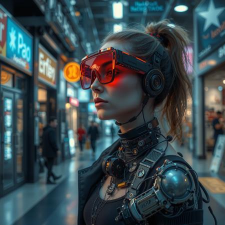 real estate photography style a cyberpunk girl with augmented reality glasses exploring a high-tech marketplace, her body covered in functional cybernetic enhancements that merge with her unique style. professional, inviting, well-lit, high-resolution, property-focused, commercial, highly detailed