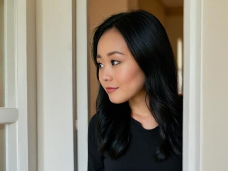 <lora:fukuharaXL:0.8> a young  asian woman with black hair is standing in a doorway, seen from the side, profile view