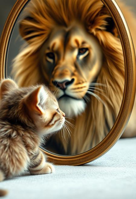 A cute kitten looking in the mirror and seeing an elegant lion reflection, high resolution, highly detailed, photorealistic, cinematic