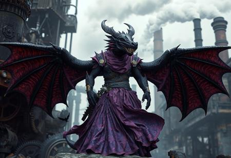 "8K UE5/Octane render of a grimdark Boar Soldier dragon hybrid: dark purple scales, elongated neck/tail, and massive spread wings. Adorned in flowing purple/pink battle-dress, contrasting against a steampunk Geartown backdrop (grinding gears, smokestacks). Cinematic Rembrandt lighting highlights Houdini-simulated fabric physics, nanite-textured armor, and ray-traced metallic environments. Post-processed with Kodak film grain, chromatic aberration, and Grammer Effect color grading. Tags: #Grimdark #Steampunk #CharacterDesign."