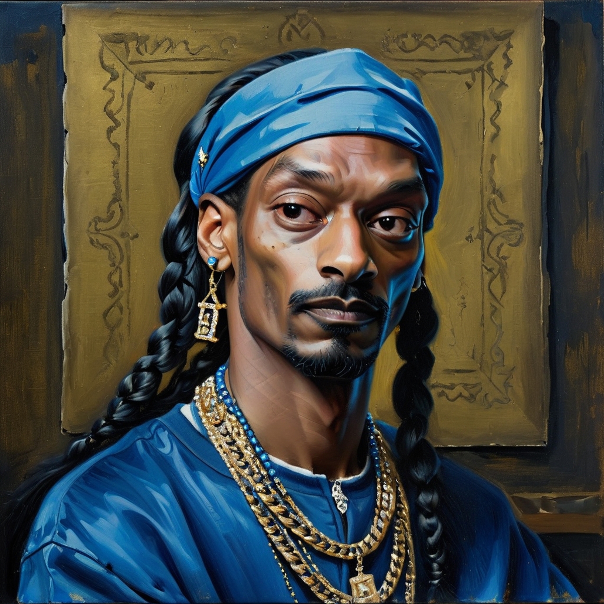 Painting of a man with dreadlocks wearing a blue turban and gold necklace.
