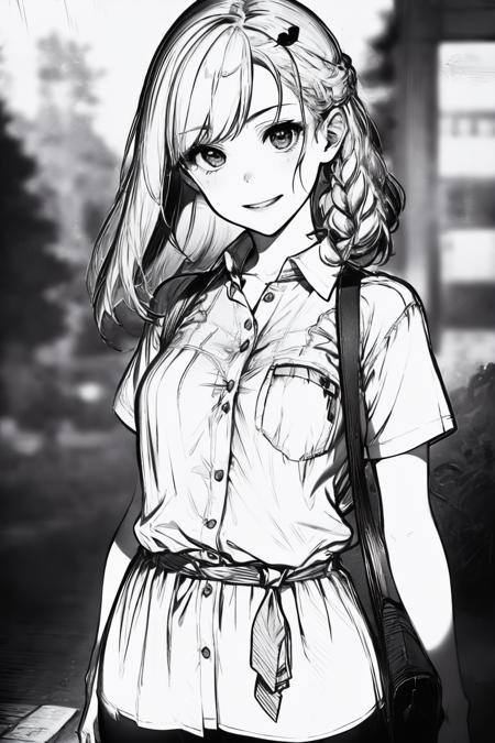 best quality, masterpiece, (photorealistic:1.4), 1girl, light smile, shirt with collars, waist up, dramatic lighting, from below <lora:tangbohu_blurbg:3>  <lora:blackandwhite:1>