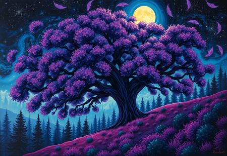 A vibrant impressionist painting of a giant oak tree, with purple-indigo leaves, on the side of a hill in a mystical forest, during a starry night, with violet-tinted leaves of light floating around the tree. Surrounded by a forest of smaller trees. Colourful, saturated colours, dark, fantastical, bioluminescence. Moonlit night with stars and constellations