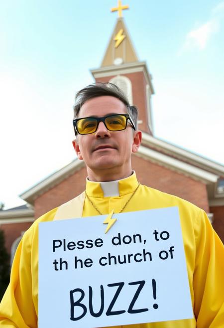 Man wearing yellow tinted glasses and a yellow priest uniform in front of church like building which has a gold lightning bolt symbol on its spire roof, he is wearing golden lightning bolt symbol necklace prominently visible, he is holding sign with text "Please donate to the church of BUZZ!". No cross symbol.