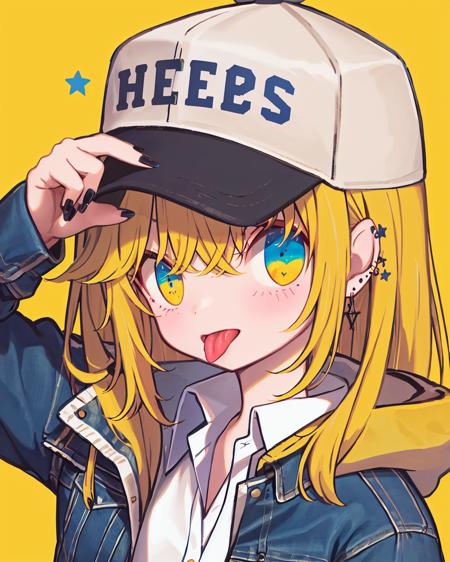 1girl, solo, hat, baseball cap, tongue out, tongue, yellow background, blonde hair, v, horns, star (symbol), looking at viewer, jewelry, earrings, heart, green eyes, upper body, shirt, bangs, nail polish, white shirt, simple background, jacket, long hair, collared shirt, hand up, english text, yellow eyes, hood, blue jacket, black nails, rainbow <lora:morning_glory:1>