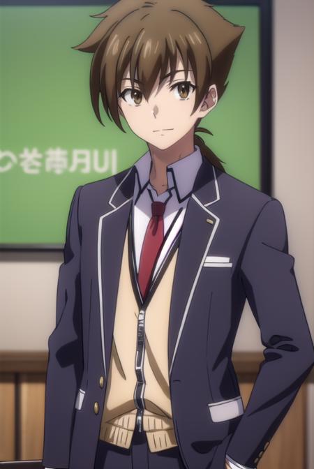 isseihyoudou, <lora:issei hyoudou anime s1-lora-nochekaiser:1>,
issei hyoudou, brown hair, (brown eyes:1.5), male focus, smile, grin,
BREAK long sleeves, school uniform, jacket, necktie, pants, black jacket, red necktie,
BREAK indoors, classroom,
BREAK looking at viewer, (cowboy shot:1.5),
BREAK <lyco:GoodHands-beta2:1>, (masterpiece:1.2), best quality, high resolution, unity 8k wallpaper, (illustration:0.8), (beautiful detailed eyes:1.6), extremely detailed face, perfect lighting, extremely detailed CG, (perfect hands, perfect anatomy),