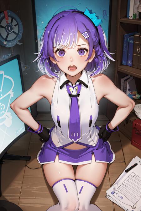 (masterpiece, best quality:1.2), <lyco:chanthology_twitch-chan-10:1.0>, solo, 1girl, twitch-chan, open mouth, looking at viewer, sitting, hairclip, hair ornament, collared shirt, sleeveless, necktie, skirt, thighhighs, (gloves:1.1), computer, monitor, keyboard