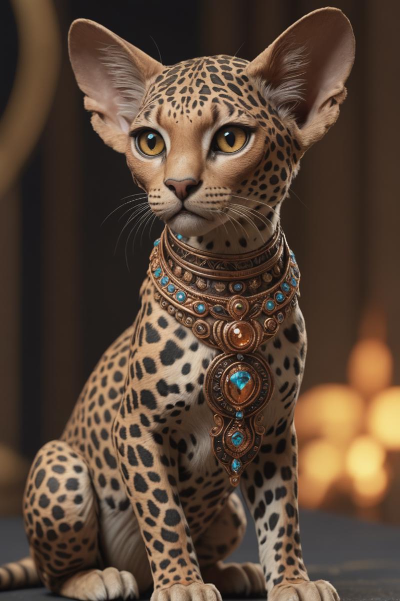 A Cheetah Cat with a Blue Necklace and Green Eyes.