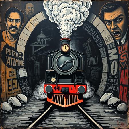 realistic steam train coming out of a tunnel, street art style, urban dystopian themes, gritty textures, layered stencils, muted color palette, bold typography, expressive faces, worn and weathered surfaces, political and social commentary, intricate details, raw and rebellious, contemporary aesthetics, cultural undertones, graffiti influences, striking visual impact