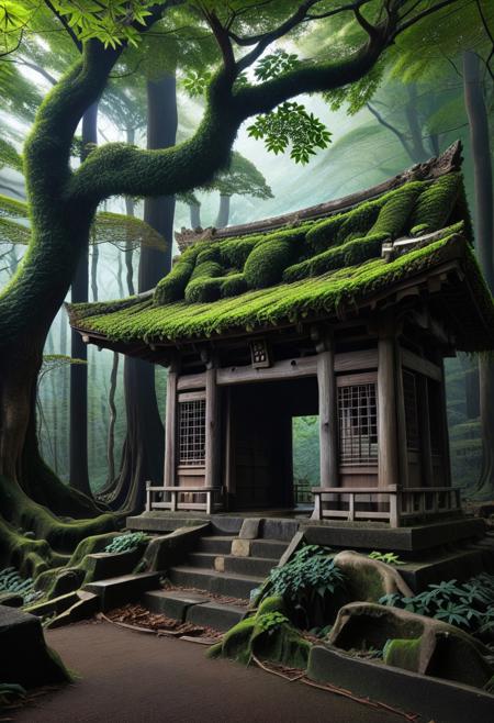8k, PG-TR, Raw digital photo, Ancient dilapidated Japanese shrine wrapped in old tree ivy, Dense forest, thick fog, Full Colour, 80mm, simple dark background,