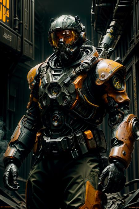 Create a cinematic, filmic image ((best quality)), ((masterpiece)), ((realistic)) of (((post nuclear landscape))). Show an army ranger and [full body] emerging from the thick smoke, fire, flat black painted power combat armor, facemask and helmet, (guns and tanks), 24mm, 4k textures, soft cinematic light, adobe lightroom, photolab, hdr, intricate, elegant, highly detailed, sharp focus, ((((cinematic look)))), soothing tones, insane details, intricate details, hyperdetailed, low contrast, soft cinematic light, exposure blend, hdr, faded, <lora:more_details:.8>, <lora:wowifierV3:.8>,Black eyewear cover,Submachine gun, <lora:Robort:0.8> ,(Red and yellow color scheme),(With a gun in hand)