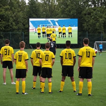 This is a photograph of a soccer team practicing on a grass field.  The background shows a large digital screen displaying "BUZZ CUP" and a black, open-sided trailer labeled "Buzz."  Five players, all of whom are wearing bright yellow jerseys and black shorts with yellow accents, stand in a line facing forward. The players appear focused, with some blurred in the foreground. The atmosphere is professional, with a clear emphasis on teamwork and preparation.