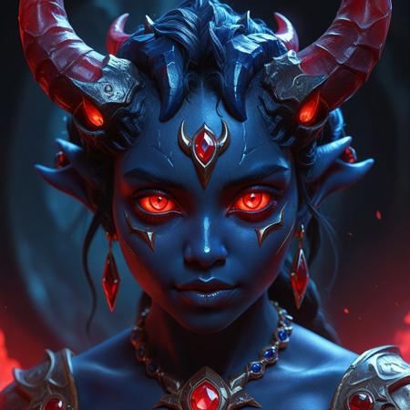rp_slgd, horns, portrait, dark blue skin, red eyes, soul gem, 1girl, glowing eyes, fantasy, animated, detailed, masterpiece, 4k, 8k