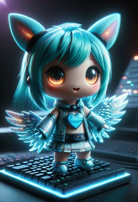 holographic, h4v_h0l0, hatsune miku, cute, chibi, glowing eyes, glowing keyboard, High Quality, Soft Texture, Full Colour, made of ral-smlvltnpls, masterpiece, dynamic, awesome quality,soft lighting,artistic composition, high contrast, high resolution, visual aesthetics, masterpiece, sfw
