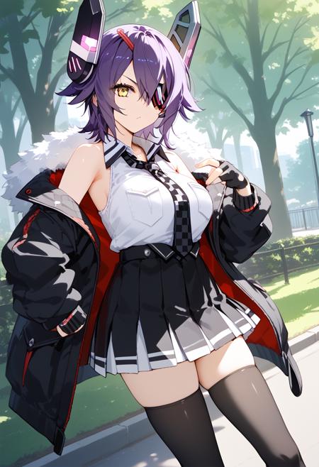 tenryuu-kc, headgear, eyepatch, short hair, purple hair, yellow eyes tenryuudef-kc, cardigan, necktie, checkered necktie, black skirt, miniskirt, pleated skirt, black thighhighs, boots, sleeves rolled up, fingerless gloves, black groves tenryuukai2-kc, sleeveless shirt, white shirt, fur trim jacket, off shoulder, necktie, checkered necktie, black skirt, miniskirt, pleated skirt, black thighhighs, boots, sleeves rolled up, fingerless gloves, black groves tenryuumizugi-kc, swimsuit, white bikini, halterneck, bare arms