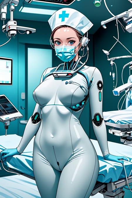 cybr_surgnurse, 1girl, solo, bodysuit, nurse cap, latex gloves, science fiction,cybernetic, surgical mask,earpods,