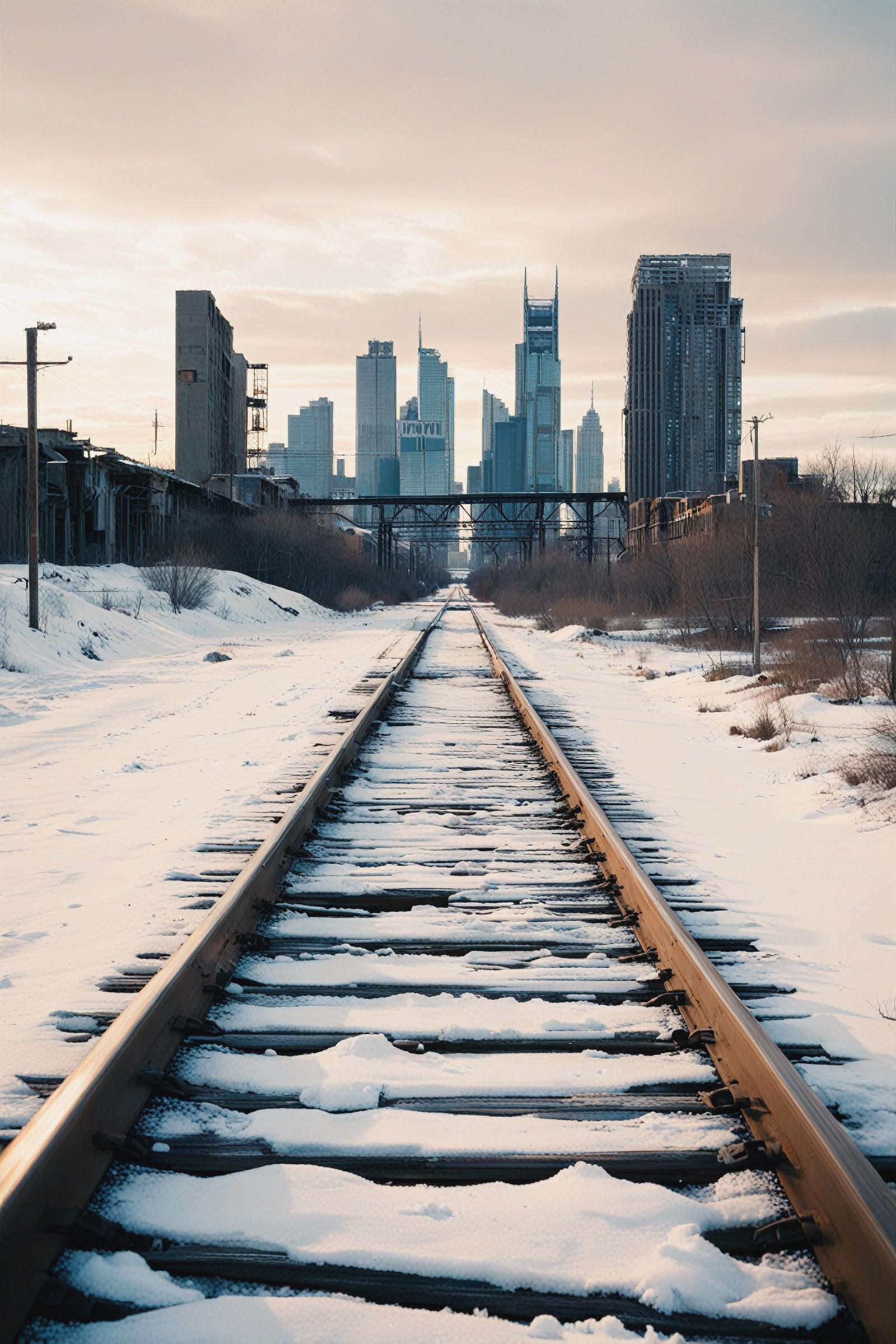 Snowy Railroad Tracks Leading to City Skyscrapers