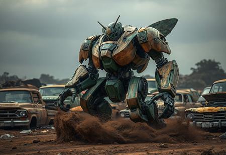 "Create an 8k, hyper-realistic rendering of an Ancient Gear Golem robot, inspired by Bumblebee, with a dark green color scheme. The robot should be made of wooden armor plating, with intricate details and the golden ratio in mind. It should be positioned as if kicking up dirt in a battletech style setting, surrounded by scrap cars. The rendering should have dramatic lighting and display lifelike textures, such as freckled skin, for added realism. Niels Lergaard's style should be emulated."