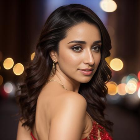photo of stunning woman, looking back, night, city lights,  bokeh,  skp <lora:ShraddhaKapoor:1>