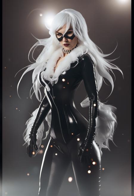 BlackCat, a woman with white hair and a black mask and black bodysuit with white fur, white gloves and white boots.