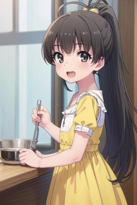 hinatakanashi, <lora:hina takanashi s1-lora-nochekaiser:1>,
hina takanashi, long hair, black hair, (black eyes:1.3), ponytail, antenna hair, child, smile, open mouth,
BREAK dress, yellow dress, short sleeves,
BREAK indoors,
BREAK looking at viewer, (cowboy shot:1.5),
BREAK <lyco:GoodHands-beta2:1>, (masterpiece:1.2), best quality, high resolution, unity 8k wallpaper, (illustration:0.8), (beautiful detailed eyes:1.6), extremely detailed face, perfect lighting, extremely detailed CG, (perfect hands, perfect anatomy),