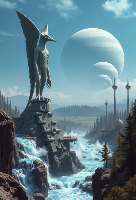 a giant alien, avian statue, its clawed feet astride a fast flowing blue river with spray rising from jagged rocks, guards a valley. In the near distance several structures, tall narrow spires topped with large egg shaped crystal houses. On the horizon a giant ringed planet, its atmosphere a swirl of blues and greens, rises over an alien forest