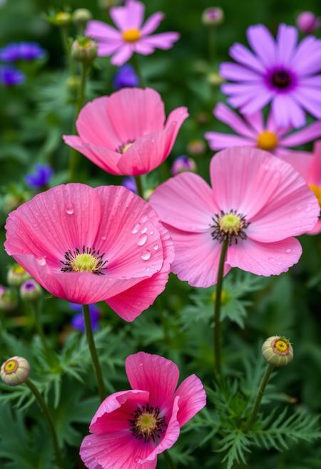 Pink and blue garden flowers, water droplets on petals, green leaves, pink poppies in the foreground, purple cosmos in the background, photo-realistic, natural lighting, high resolution, hyper-realistic in the style of a skilled photographer.