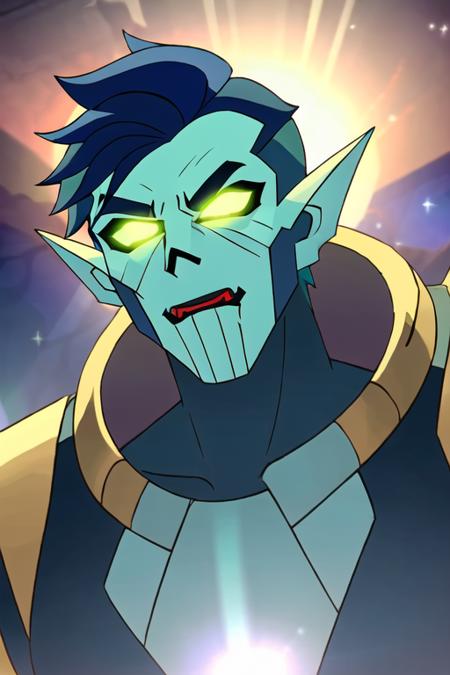 a demon with blue hair and green eyes, wearing armor and a black shirt, dynamic lighting, outerspace