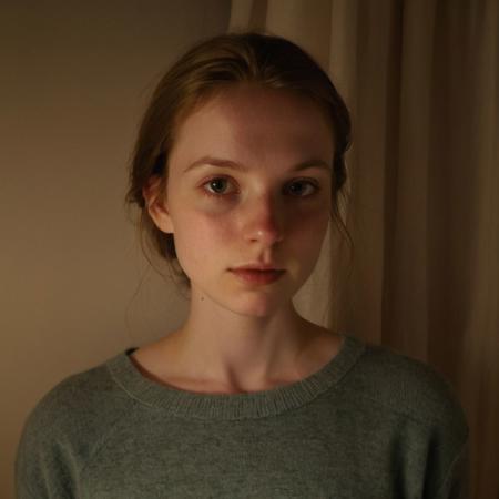 photograph taken in a dark bedroom lit by camera flash and faint light from the window. Sweet fiance of irish descent age 30 with pale skin, light brown hair, petite and short, wide hips but tiny throat and delicate collarbone, tiny upturned breasts