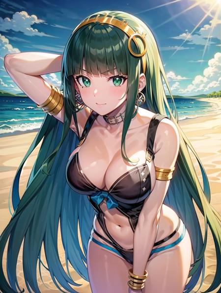 masterpiece, best quality, anime illustration, ultra detailed, houtengeki, (leaning forward, arm support:1.3), 
cleoswim, black one-piece swimsuit, cleavage, strap pull, 1girl, long hair, blunt bangs, green eyes, very long hair, green hair, hairband, jewelry, hoop earrings, medium breasts, , desolate, wasteland, desert, sand, dunes, finely detailed background, amazing background